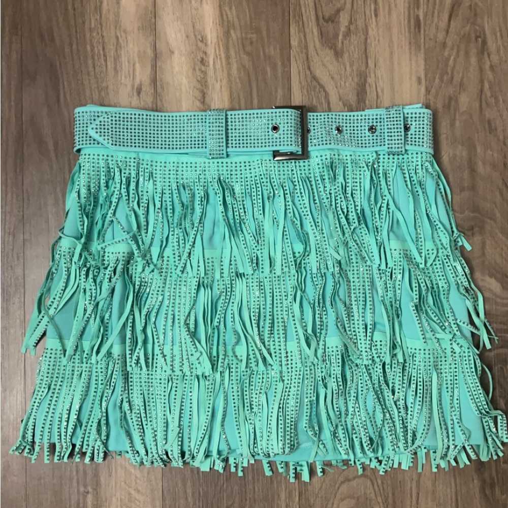 Teal rhinestone fringe skirt